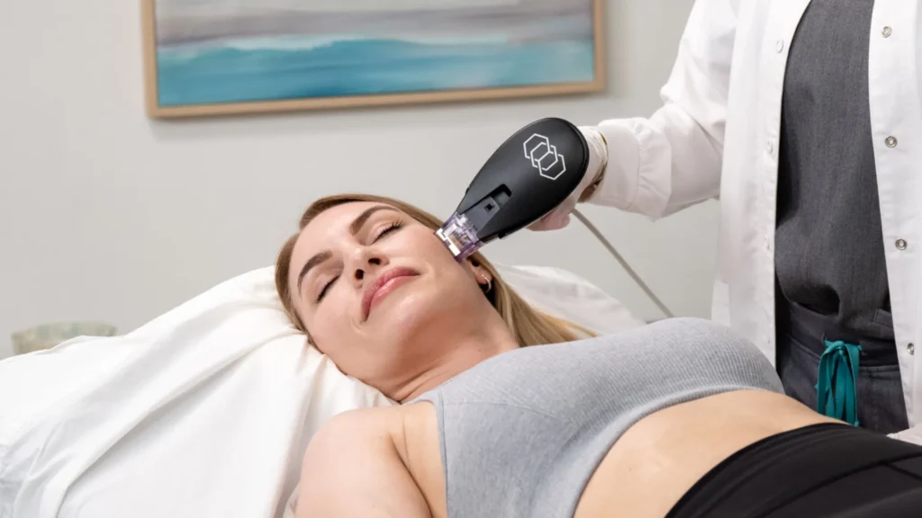 Clinician using Laser-powered Morpheus8 microneedling on a woman's cheek to tighten and remodel skin.