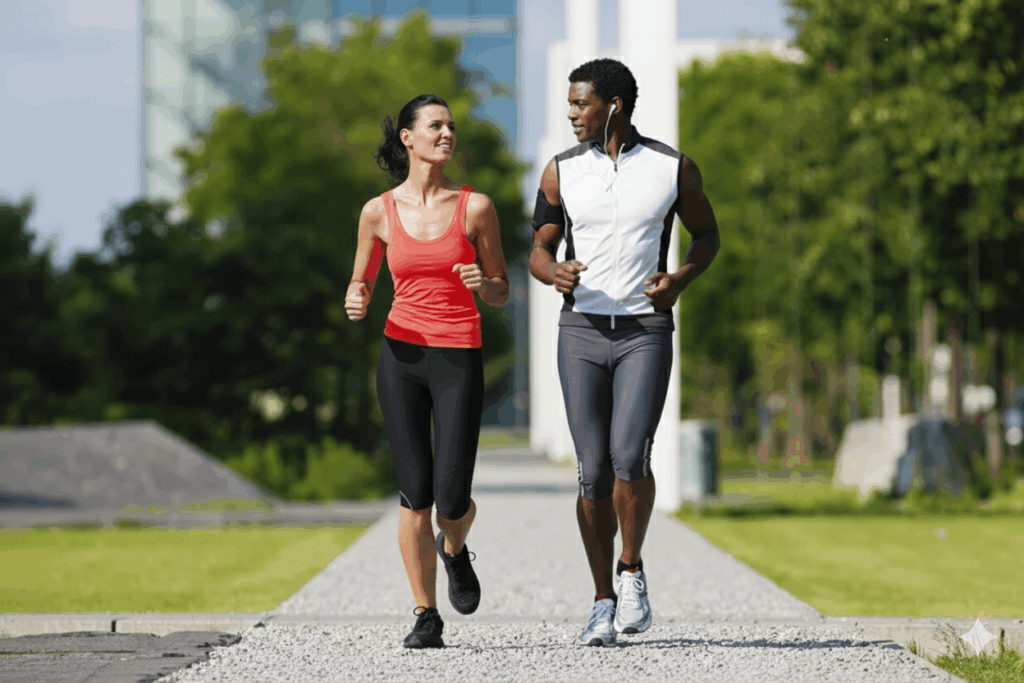 A couple jogging together outdoors, promoting an active lifestyle for medical wellness and fitness.
