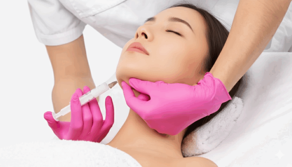 Kybella fat-dissolving injection being administered to the chin area to enhance facial contours with Injectables.