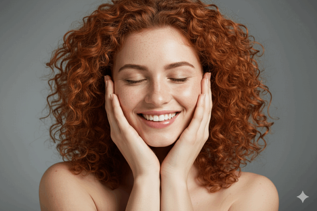 Woman with glowing skin smiling and touching her face after receiving Injectables.