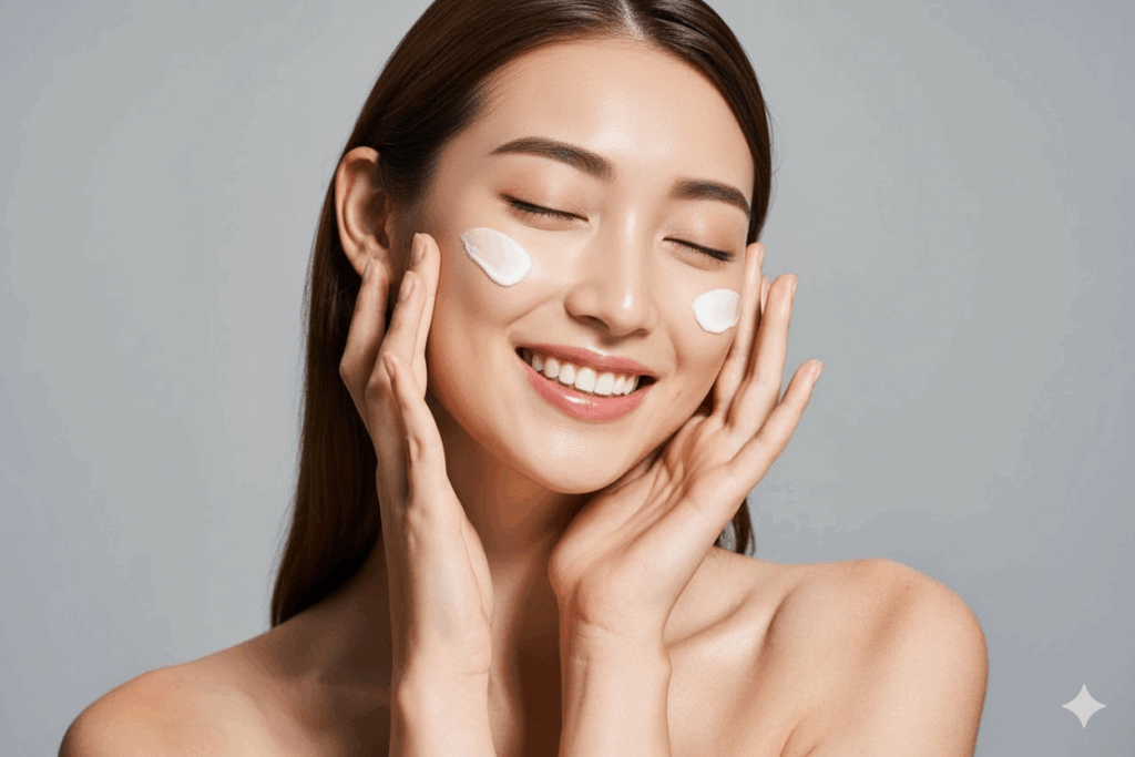 A woman smiling while applying skincare cream to her face, promoting Skin Rejuvenations.