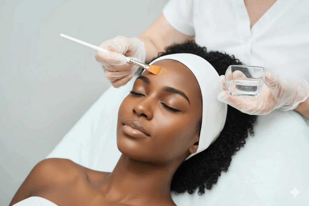 A woman receiving a chemical peel treatment for Skin Rejuvenations to improve her skin's texture and tone.